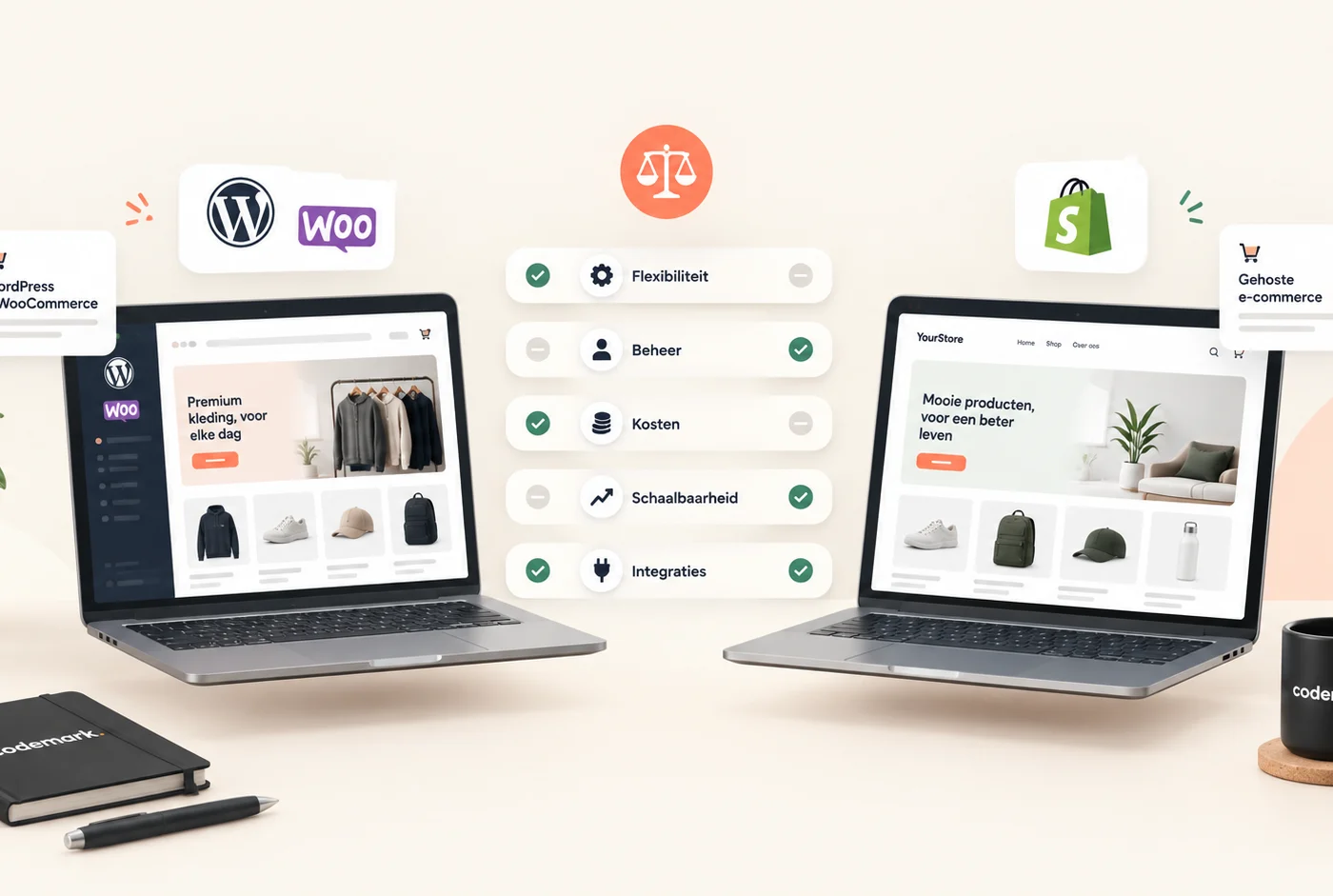 De logos van WooCommerce en Shopify naast elkaar, bij de vergelijking van beide platformen