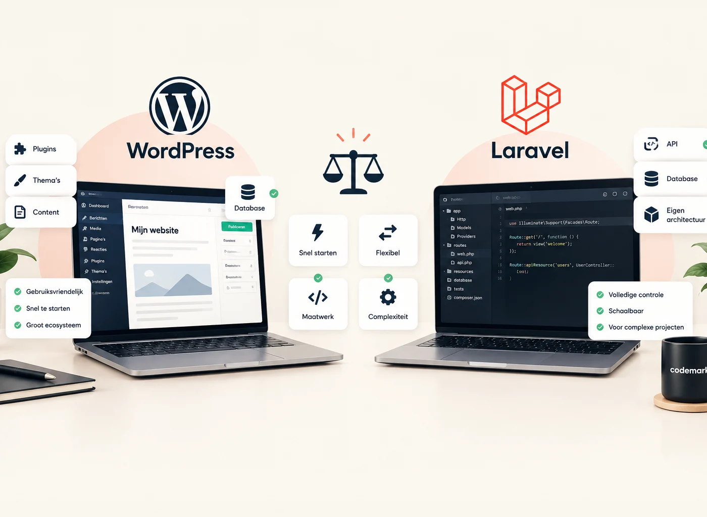 De logos van WordPress en Laravel naast elkaar, bij de vergelijking van beide platformen