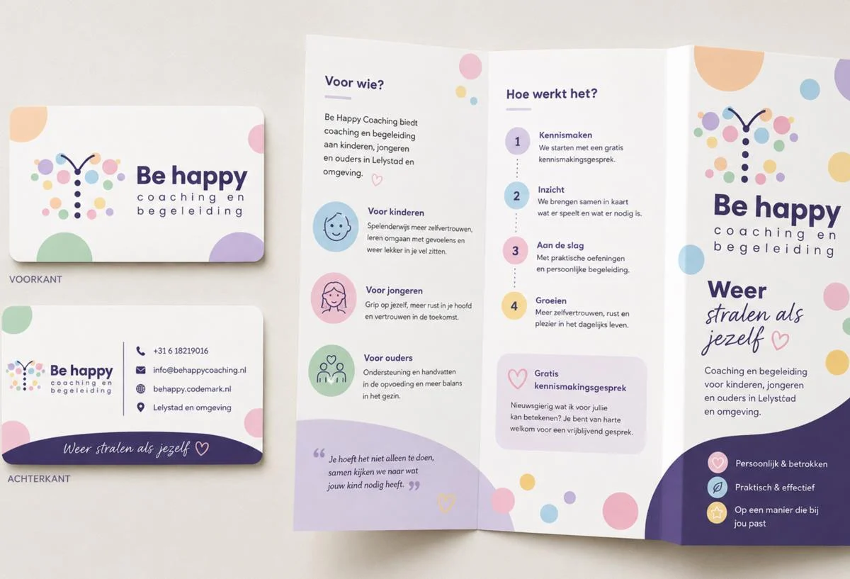 Visitekaartjes en folders in de huisstijl van Be happy coaching